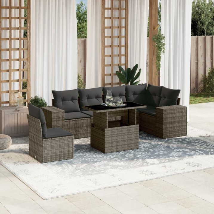 7-tlg. Garten-Sofagarnitur mit Kissen Schwarz Poly Rattan