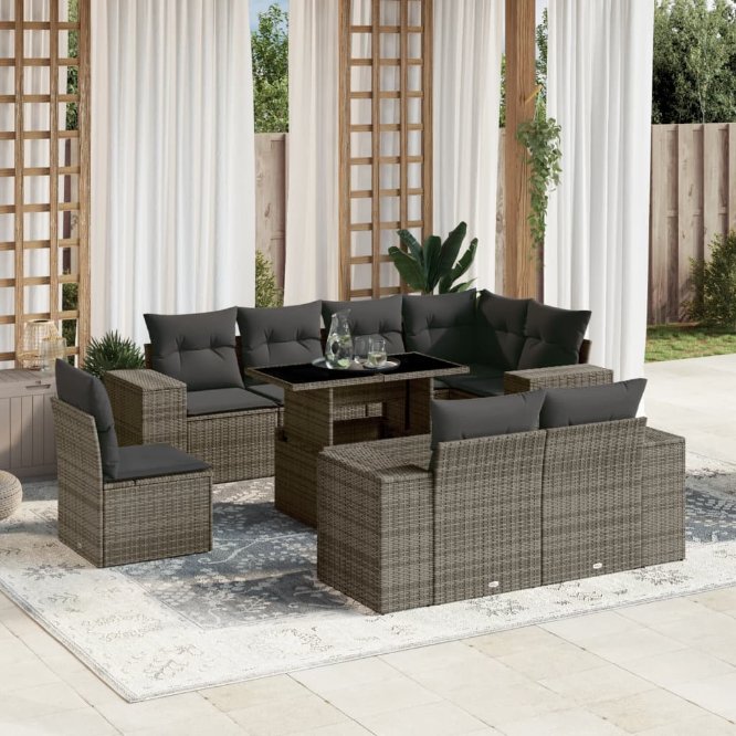 9-tlg. Garten-Sofagarnitur mit Kissen Schwarz Poly Rattan