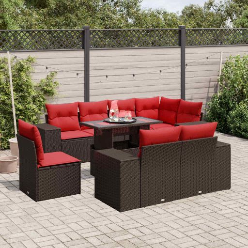 9-teiliges Gartensofa-Set mit Kissen, schwarzes Polyrattan