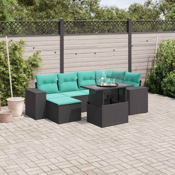 7-teiliges Gartensofa-Set mit Kissen, schwarzes Polyrattan