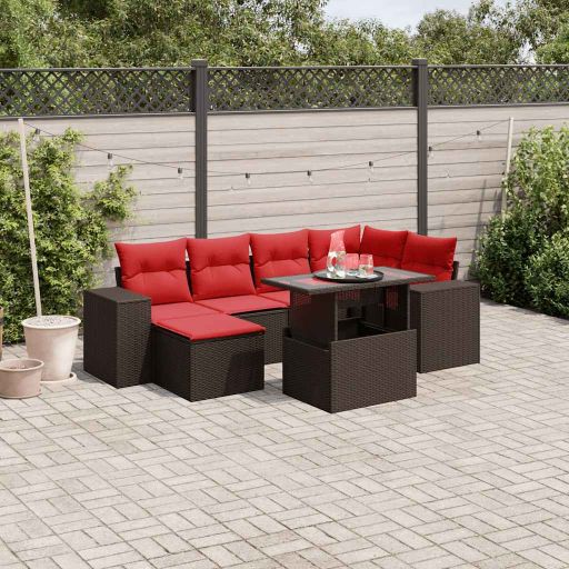 7-teiliges Gartensofa-Set mit Kissen, schwarzes Polyrattan