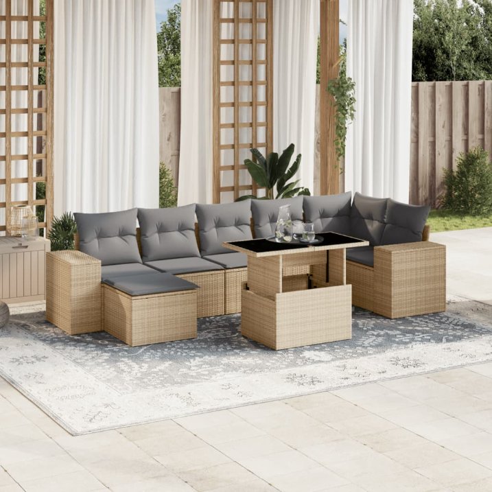 8-tlg. Garten-Sofagarnitur mit Kissen Schwarz Poly Rattan