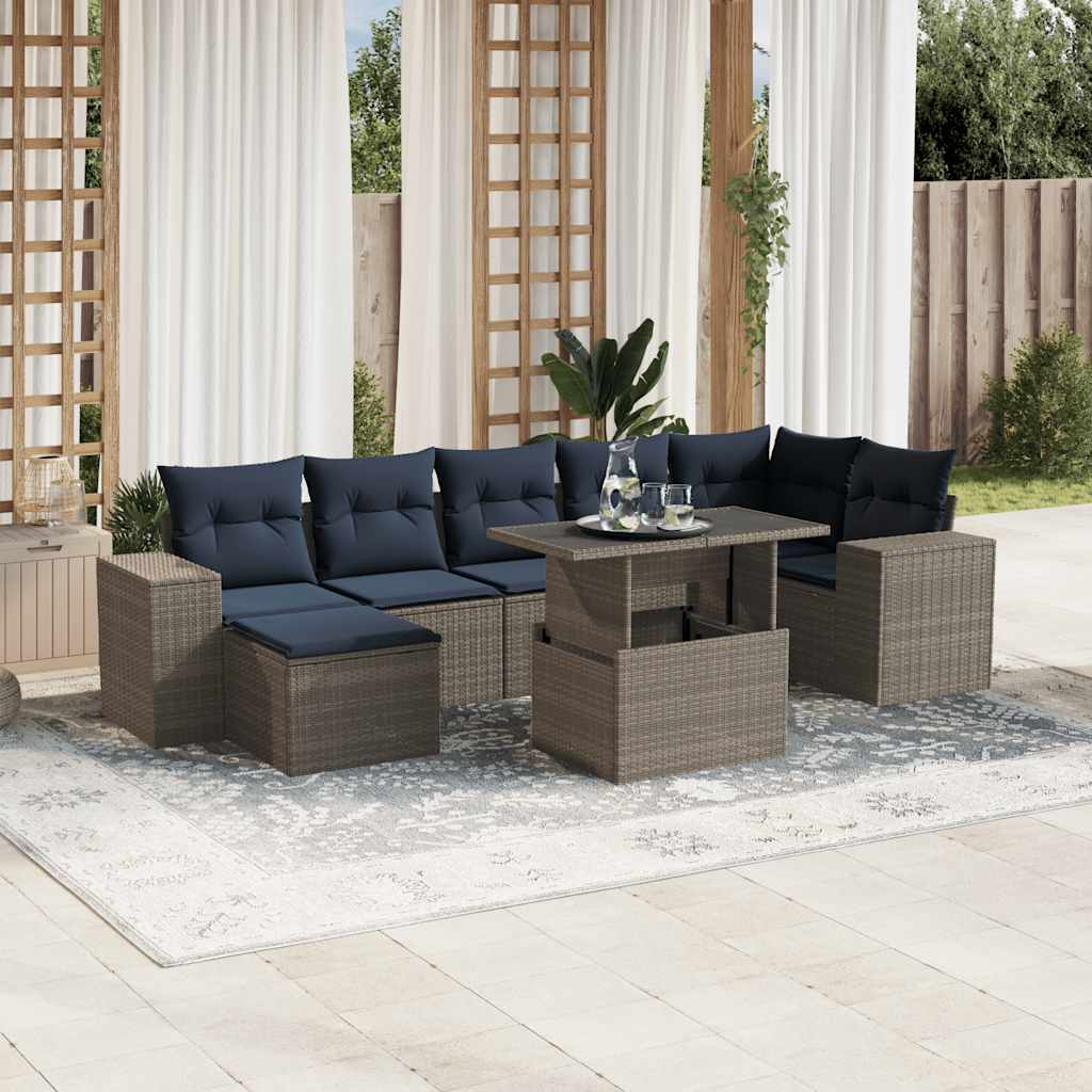 8-teiliges Gartensofa-Set mit Kissen, schwarzes Polyrattan