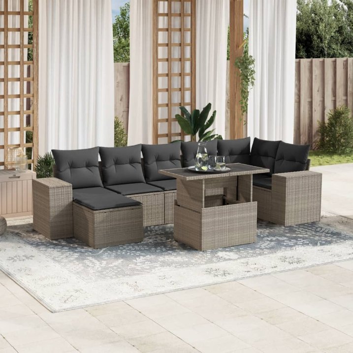 8-tlg. Garten-Sofagarnitur mit Kissen Schwarz Poly Rattan