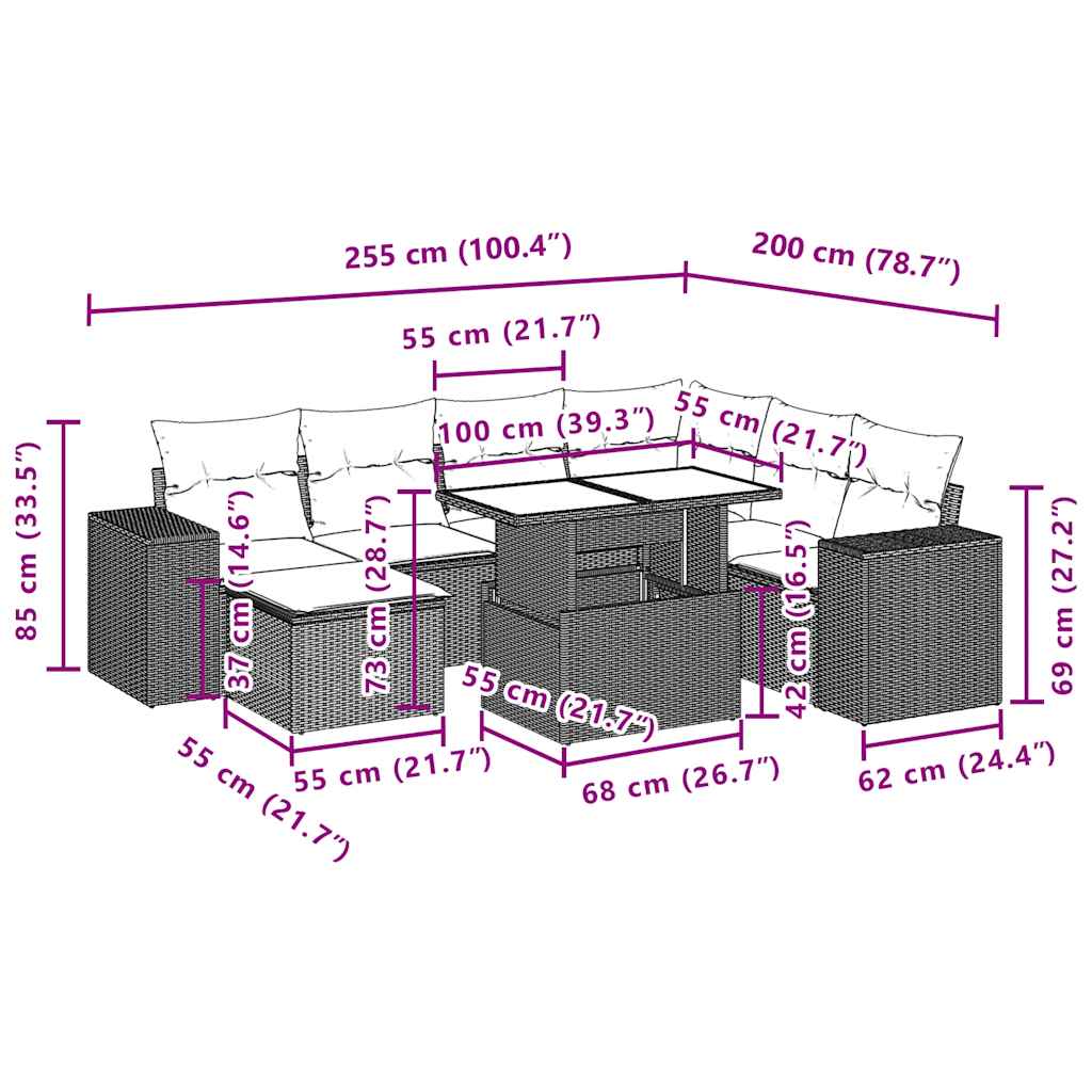 8-teiliges Gartensofa-Set mit Kissen, schwarzes Polyrattan