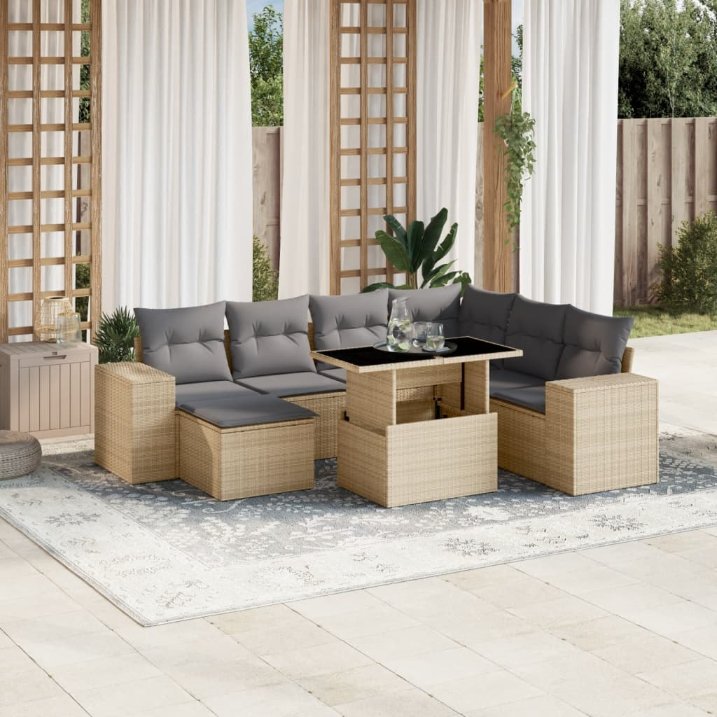8-tlg. Garten-Sofagarnitur mit Kissen Schwarz Poly Rattan