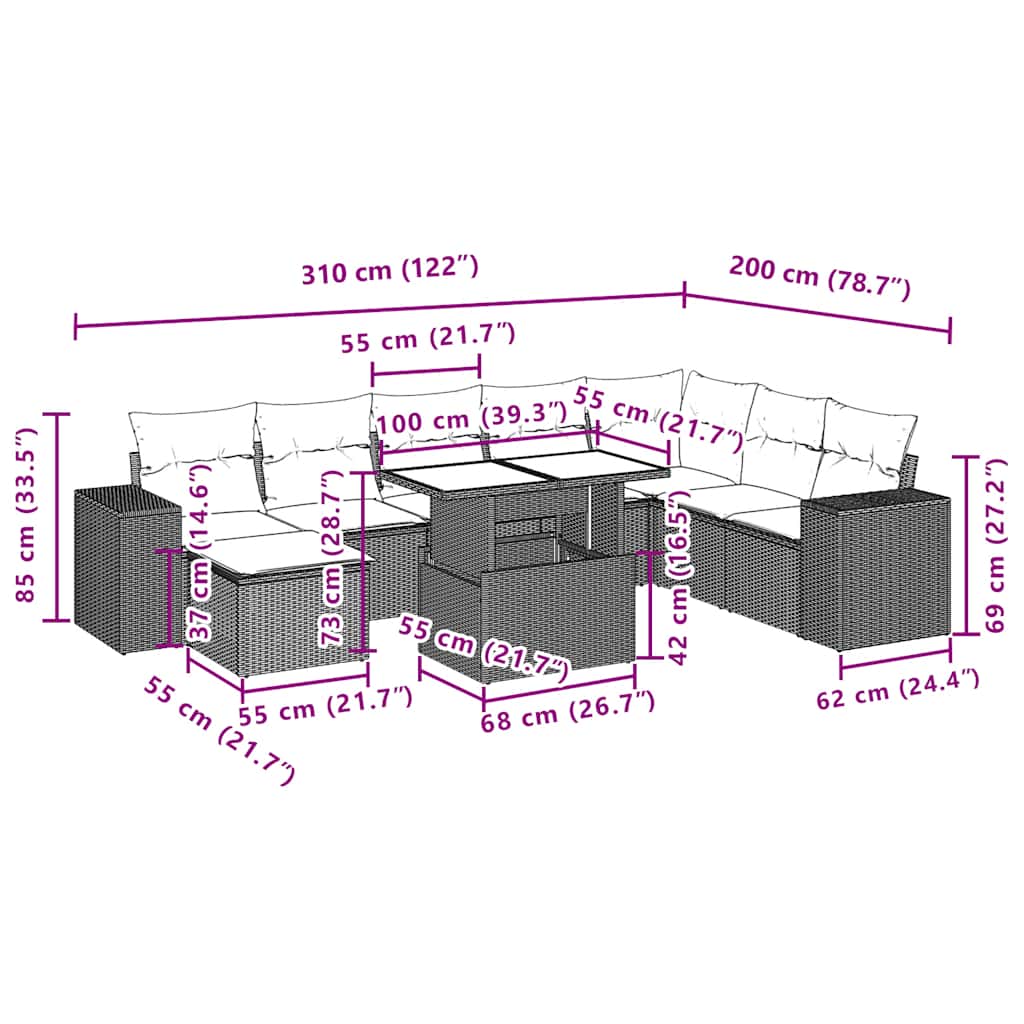 9-teiliges Gartensofa-Set mit Kissen, schwarzes Polyrattan