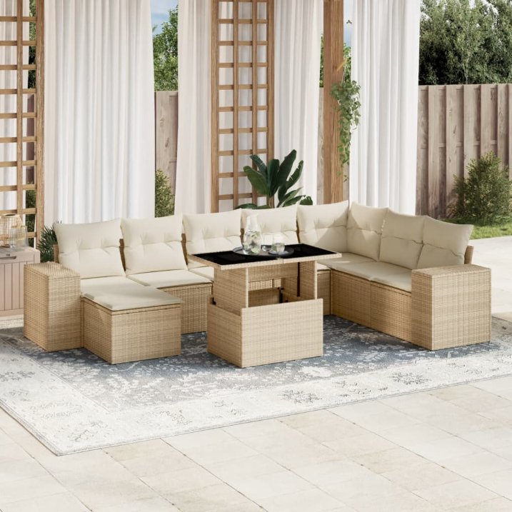 9-tlg. Garten-Sofagarnitur mit Kissen Schwarz Poly Rattan