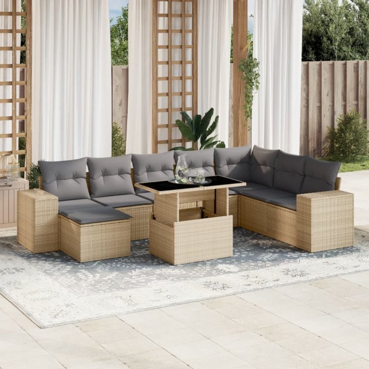 9-tlg. Garten-Sofagarnitur mit Kissen Schwarz Poly Rattan