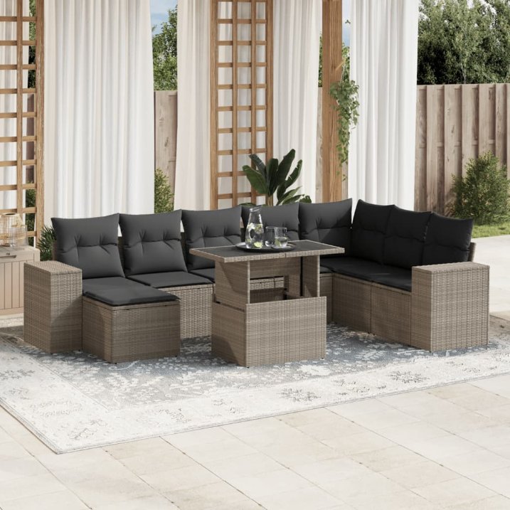 9-tlg. Garten-Sofagarnitur mit Kissen Schwarz Poly Rattan