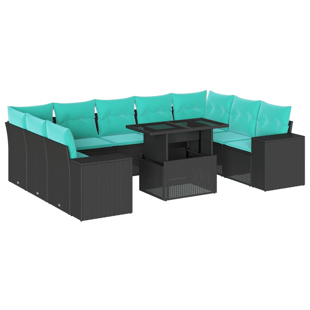 vidaXL 10-teiliges Gartensofa-Set mit Kissen, schwarzes Polyrattan