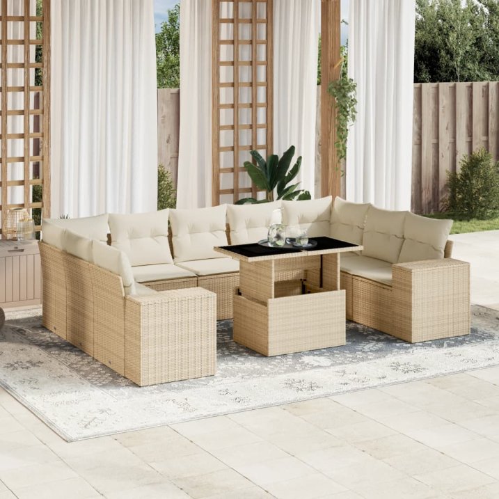vidaXL 10-tlg. Garten-Sofagarnitur mit Kissen Schwarz Poly Rattan