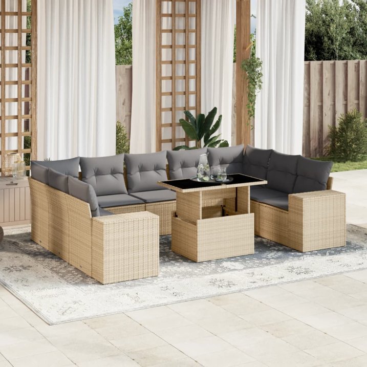 vidaXL 10-tlg. Garten-Sofagarnitur mit Kissen Schwarz Poly Rattan