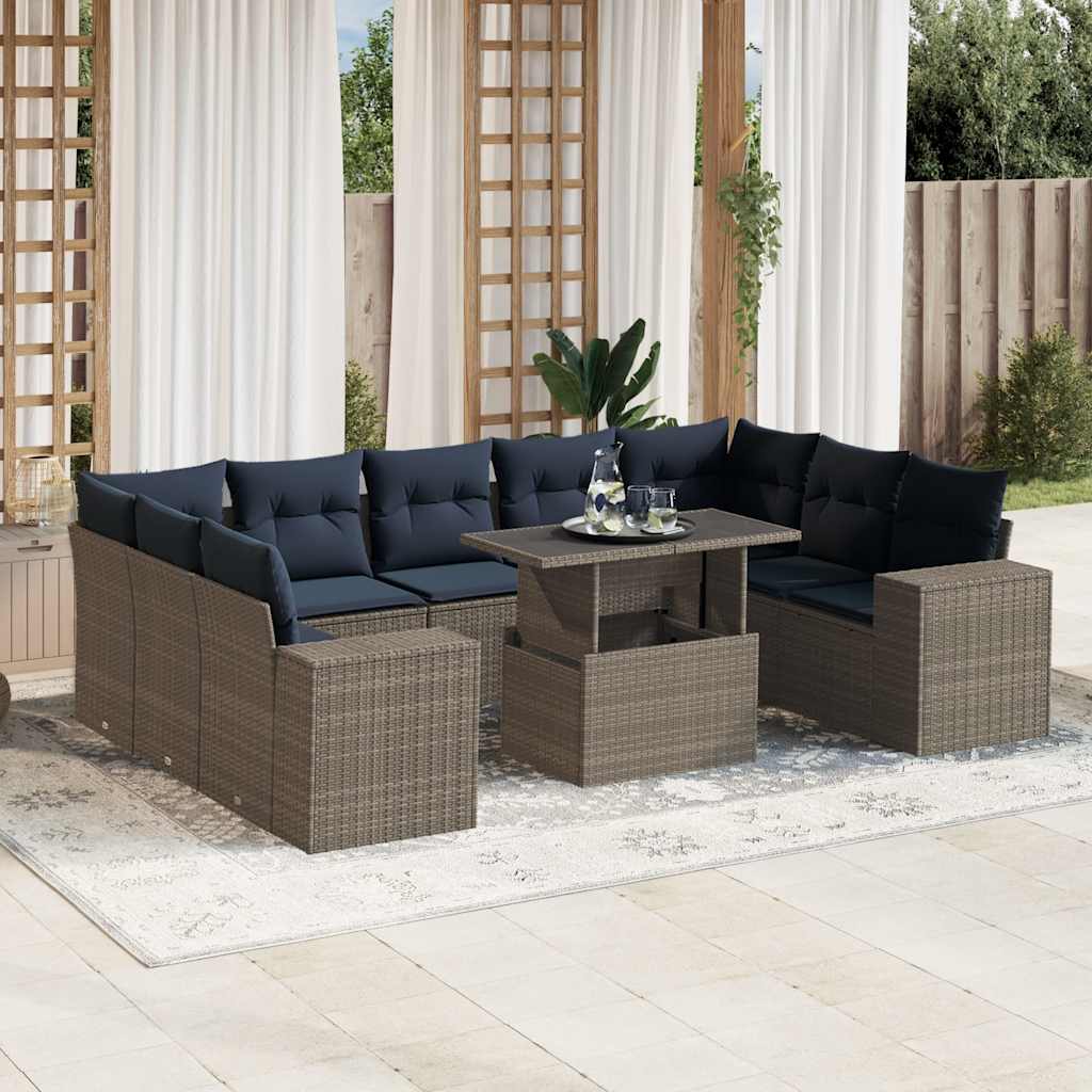 vidaXL 10-teiliges Gartensofa-Set mit Kissen, schwarzes Polyrattan