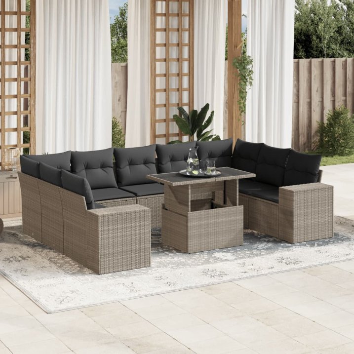 vidaXL 10-tlg. Garten-Sofagarnitur mit Kissen Schwarz Poly Rattan