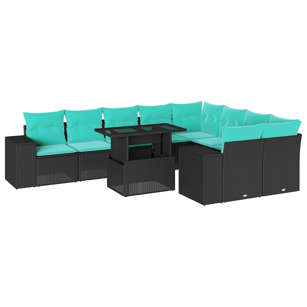 vidaXL 10-teiliges Gartensofa-Set mit Kissen, schwarzes Polyrattan