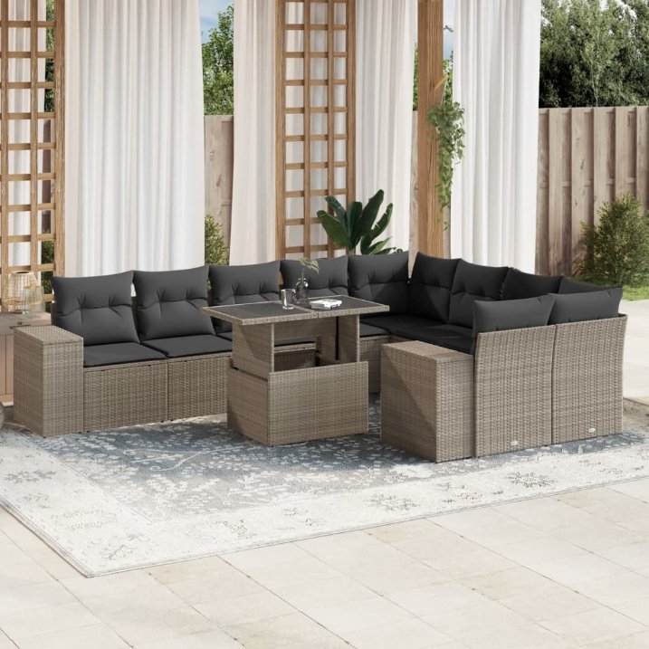 vidaXL 10-tlg. Garten-Sofagarnitur mit Kissen Schwarz Poly Rattan