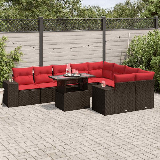 vidaXL 10-teiliges Gartensofa-Set mit Kissen, schwarzes Polyrattan