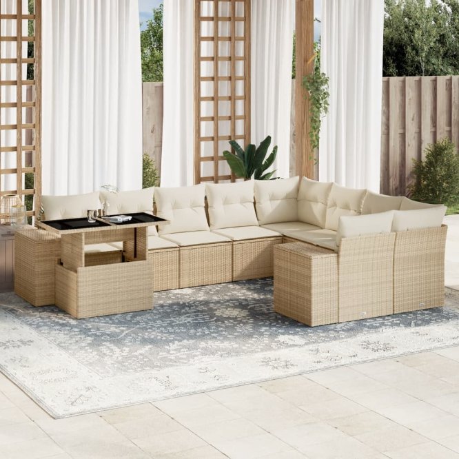 vidaXL 10-tlg. Garten-Sofagarnitur mit Kissen Schwarz Poly Rattan