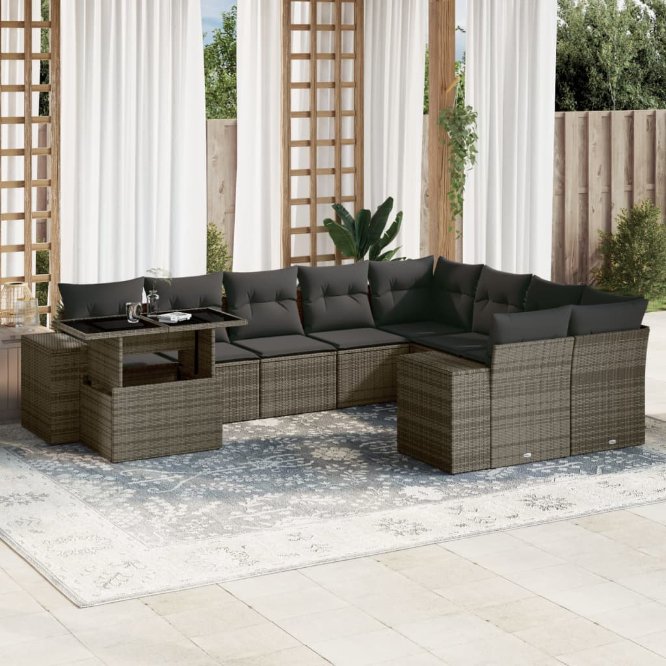 vidaXL 10-tlg. Garten-Sofagarnitur mit Kissen Schwarz Poly Rattan