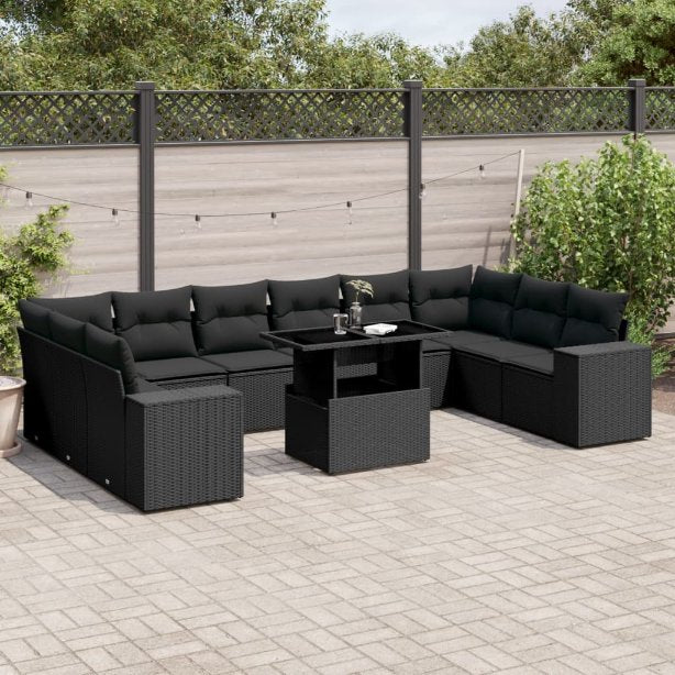 vidaXL 11-tlg. Garten-Sofagarnitur mit Kissen Schwarz Poly Rattan