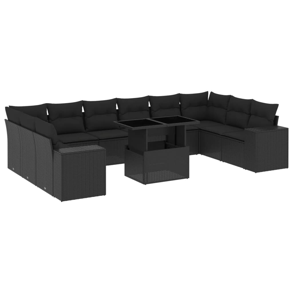 vidaXL 11-tlg. Garten-Sofagarnitur mit Kissen Schwarz Poly Rattan