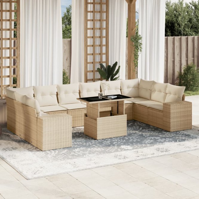vidaXL 11-tlg. Garten-Sofagarnitur mit Kissen Schwarz Poly Rattan