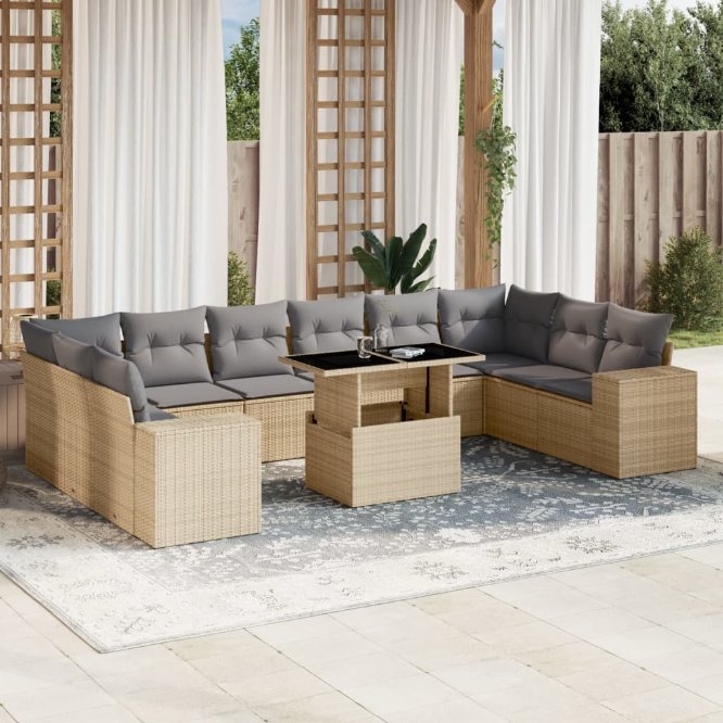 vidaXL 11-tlg. Garten-Sofagarnitur mit Kissen Schwarz Poly Rattan
