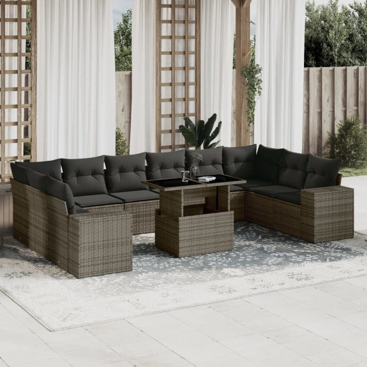 vidaXL 11-tlg. Garten-Sofagarnitur mit Kissen Schwarz Poly Rattan