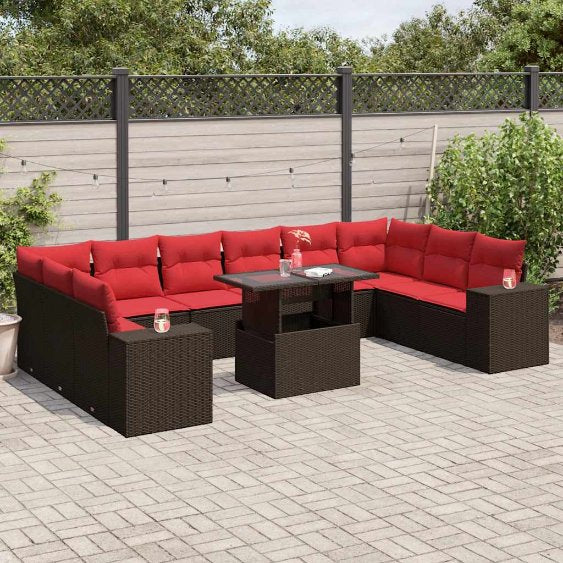 vidaXL 11-teiliges Gartensofa-Set mit Kissen, schwarzes Polyrattan