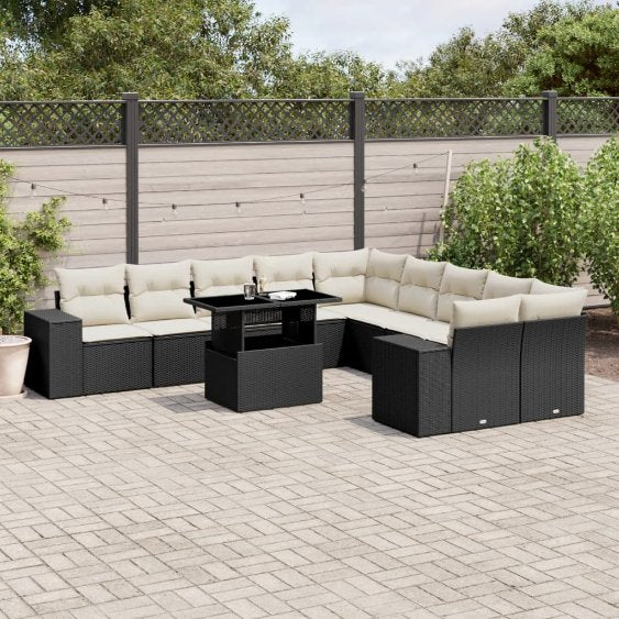 vidaXL 11-tlg. Garten-Sofagarnitur mit Kissen Schwarz Poly Rattan