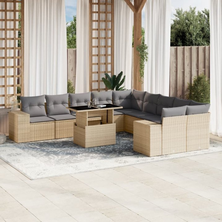 vidaXL 11-tlg. Garten-Sofagarnitur mit Kissen Schwarz Poly Rattan