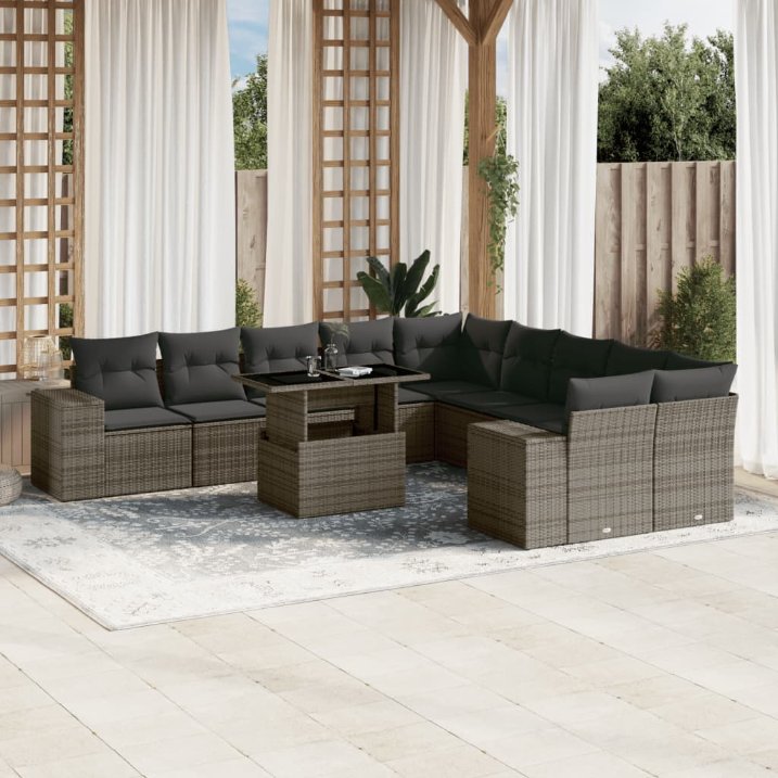 vidaXL 11-tlg. Garten-Sofagarnitur mit Kissen Schwarz Poly Rattan
