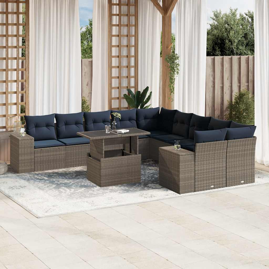 vidaXL 11-teiliges Gartensofa-Set mit Kissen, schwarzes Polyrattan