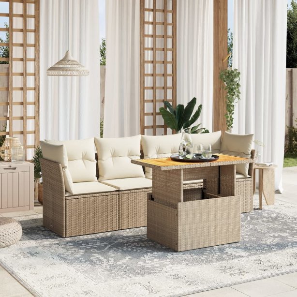 5-tlg. Garten-Sofagarnitur mit Kissen Schwarz Poly Rattan