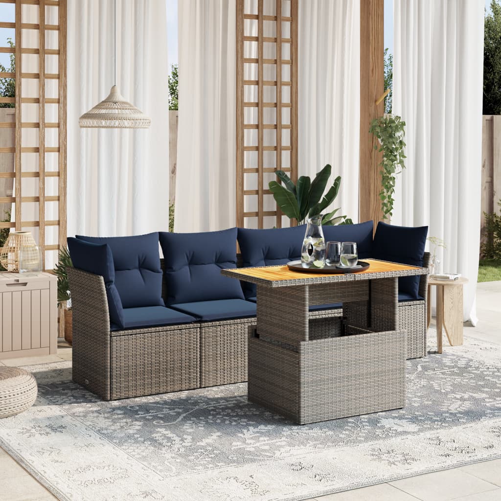 5-tlg. Garten-Sofagarnitur mit Kissen Grau Poly Rattan