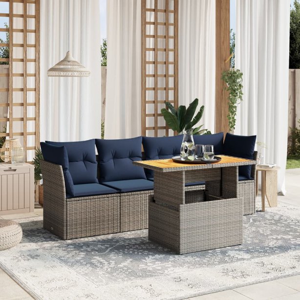 5-tlg. Garten-Sofagarnitur mit Kissen Grau Poly Rattan