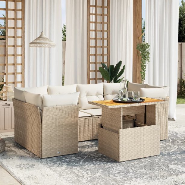 7-tlg. Garten-Sofagarnitur mit Kissen Schwarz Poly Rattan