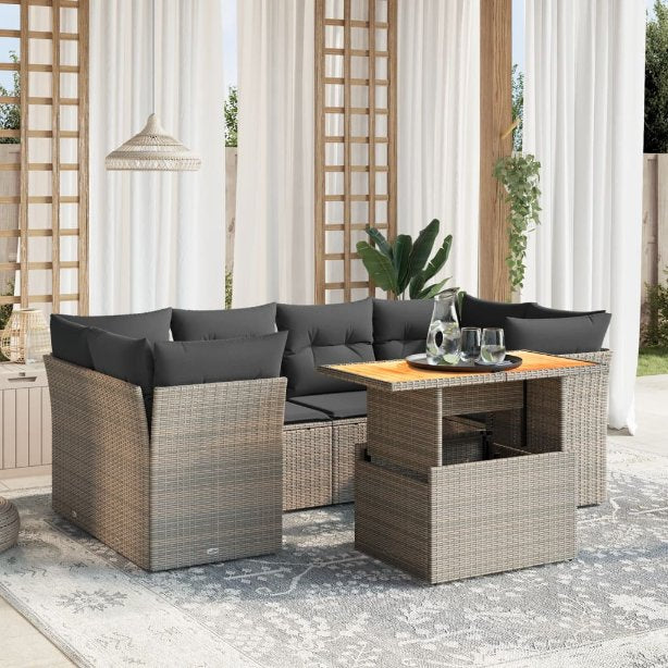 7-tlg. Garten-Sofagarnitur mit Kissen Schwarz Poly Rattan