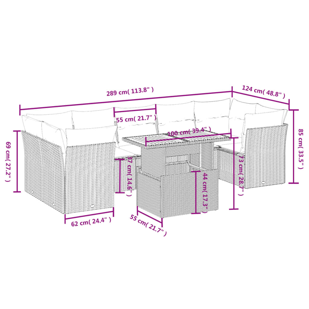 8-tlg. Garten-Sofagarnitur mit Kissen Schwarz Poly Rattan