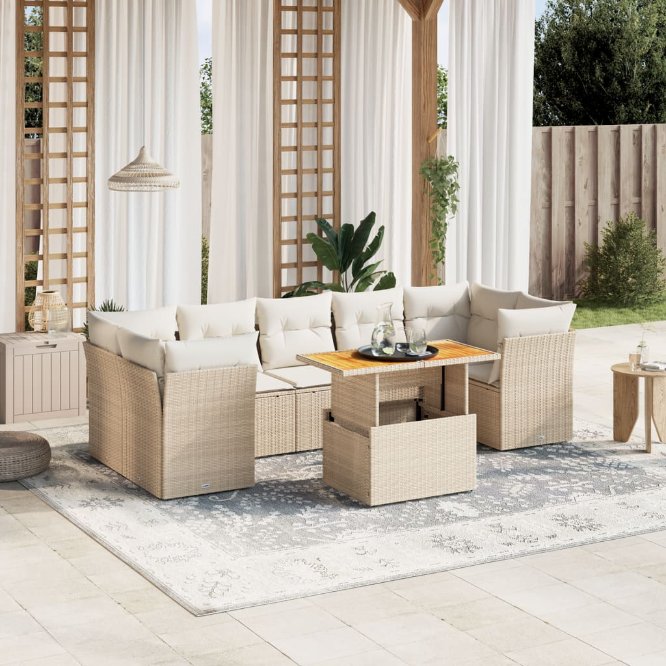 8-tlg. Garten-Sofagarnitur mit Kissen Schwarz Poly Rattan