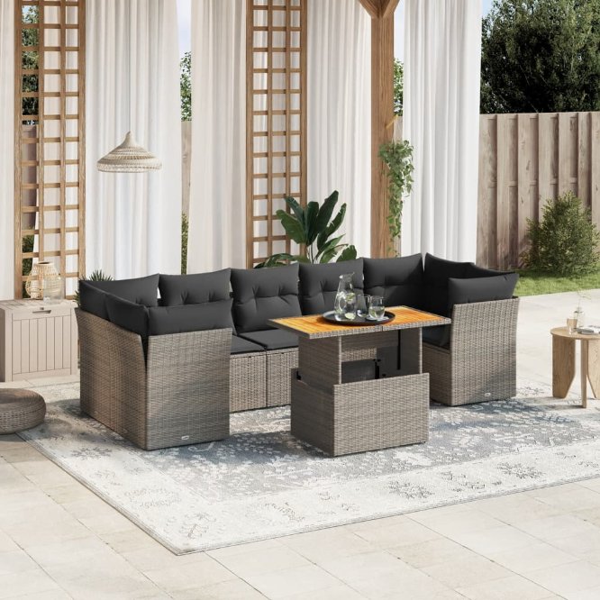8-tlg. Garten-Sofagarnitur mit Kissen Schwarz Poly Rattan