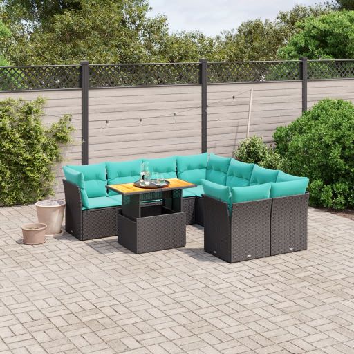 9-tlg. Garten-Sofagarnitur mit Kissen Schwarz Poly Rattan