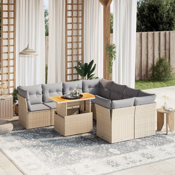 9-tlg. Garten-Sofagarnitur mit Kissen Schwarz Poly Rattan