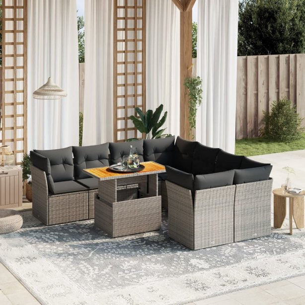 9-tlg. Garten-Sofagarnitur mit Kissen Schwarz Poly Rattan