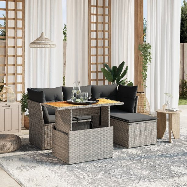 6-tlg. Garten-Sofagarnitur mit Kissen Schwarz Poly Rattan