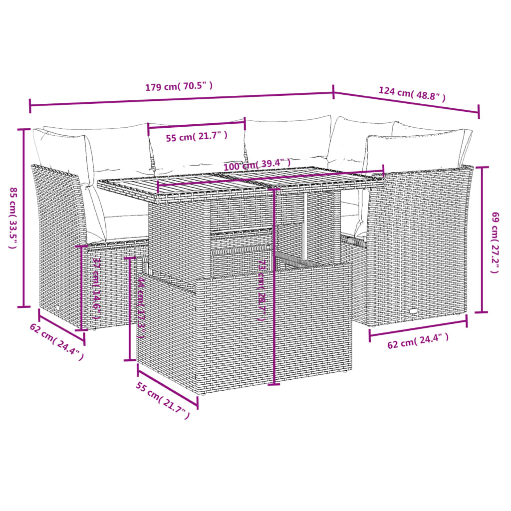 5-tlg. Garten-Sofagarnitur mit Kissen Grau Poly Rattan