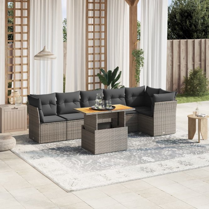 7-tlg. Garten-Sofagarnitur mit Kissen Schwarz Poly Rattan