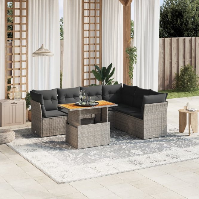 7-tlg. Garten-Sofagarnitur mit Kissen Schwarz Poly Rattan