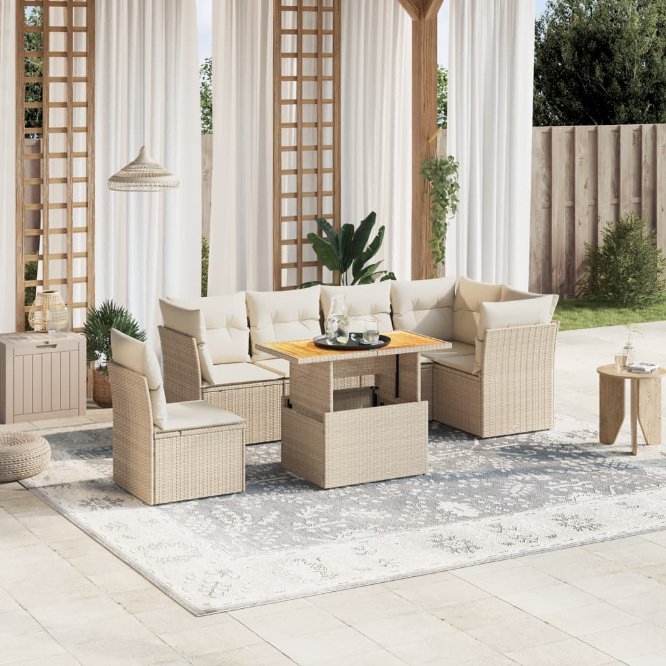 7-tlg. Garten-Sofagarnitur mit Kissen Schwarz Poly Rattan